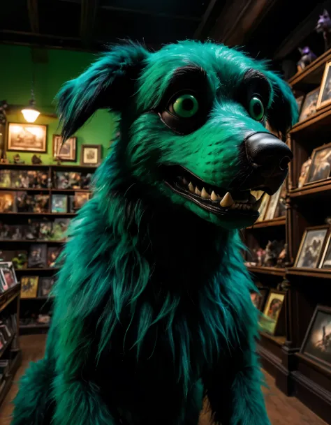 photo of a creepy (furry) anthropomorphic dog  animatronic in a (dark-antique-store), lunging horror, iridescent, ugly, fnaf vhs, (black|green), nefarious, menacing, terrifying, animatronic, humanoid arms and head, (hair, furry), Subsurface-scattering dark...