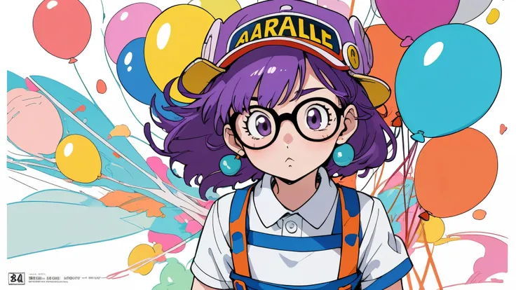 A little girl Arale（Arale）Bust of a character；Colorful balloons floating in the background。purple hair，[red hat（There are little wings on the hat）]，Glasses，White T-shirt，Blue suspenders；original image；（Characters conform to human anatomy，Repair of body and...