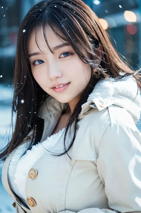 (highest quality、masterpiece、8K、best image quality、hyper realism、Award-winning work)、1 girl、(Perfect and classy thick trench coat:1.2)、Soft indirect lighting、Soft and delicate light、dramatic lighting effects、(huge breasts:1.2)、glamorous body、emphasize body...