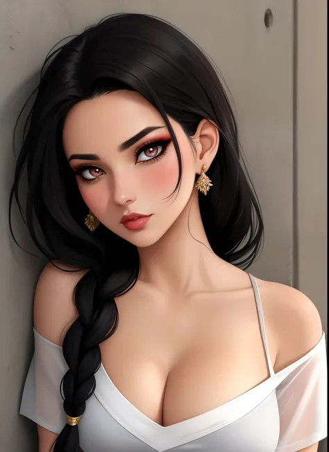 Sexy woman, black hair, single braid, seductive eyes, intense gaze, mouth parted, deep blush, flustered, lustful, beautiful face, amazing makeup, off shoulder t shirt, medium chest, cleavage, pinned against the wall 