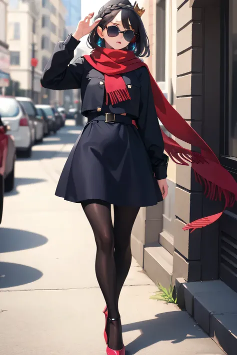 (masterpiece), best quality, expressive eyes, shocked, perfect face, medium length hair, black hair, crown braid, pink eyes, female, blue dress, black leggings, red scarf, sunglasses, red heels, Jojo style, one person, full body