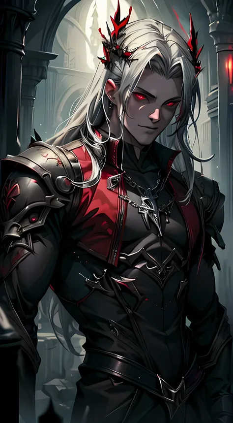 (man), (One), 1 boy, A high resolution, ultra detailed, Best quality, amazing, top quality, Extremely detailed CG unity, Vampire Guy, detailed glowing Red eyes, white pale skin color, devil crown, depth of field, black and red royal clothes, half of the bo...