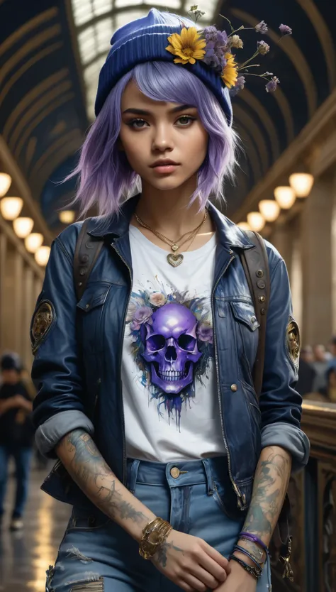 (zendaya), at the the Grand Central Terminal, cinematic, medium shot, whole head in frame, detailed face, detailed eyes, evening, punk aesthetic, pale blue ripped jeans, braces, suspenders, black boots, white shirt, skull, heart, necklace, chain, bullets, ...