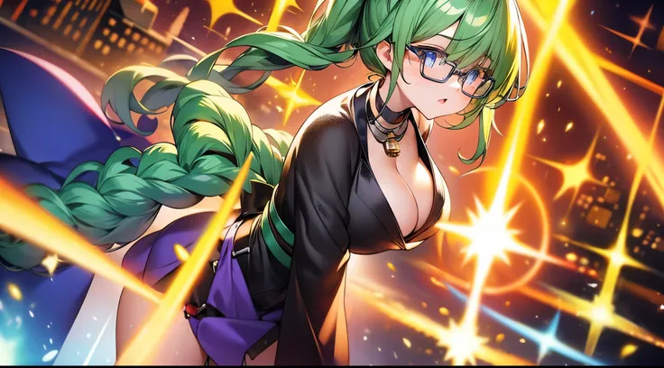 masterpiece、highest quality、1girl , solo , huge breasts、deep cleavage、light green hair、ponytail、fox ears、brightly colored eyes、blue eyes、black glasses、green kimono、light purple long hakama、brown leather jacket、leather boots、flashy necklace、charm、Wet、face t...