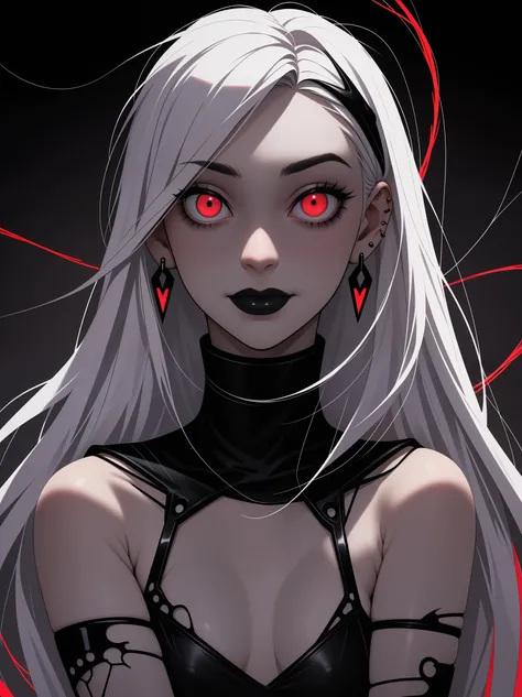 Beautiful young white-haired girl with piercing red eyes, half smile with full lips, black nails, barbed wires everywhere(coiled black barbed wires)