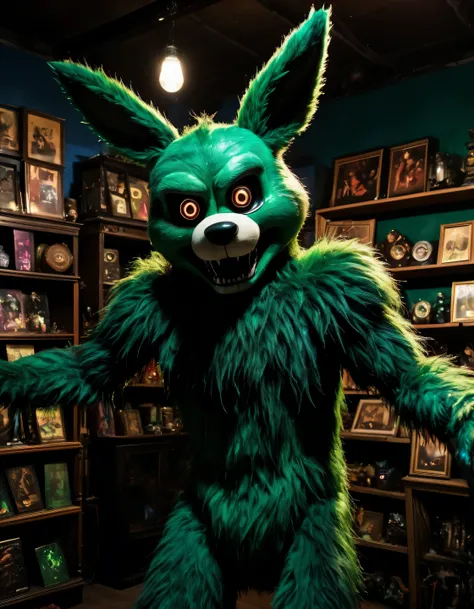 photo of an creepy (furry) humanoid animatronic in a (dark-antique-store), lunging horror, iridescent, ugly, fnaf vhs, (black|green), terrifying, nefarious, menacing, animatronic, humanoid arms and head, (hair, furry), Subsurface-scattering dark-aesthetic)...