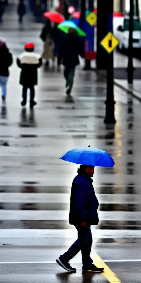 Man crosses street, attracts curious glances... enquanto cai s chuva... relampagos... pega seu cavalo e vai embora.