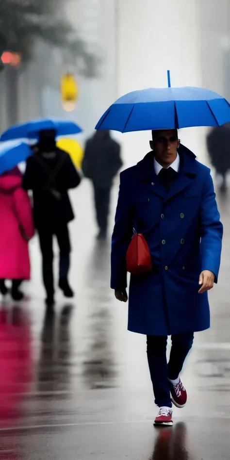 Man crosses street, attracts curious glances... enquanto cai s chuva... relampagos... pega seu cavalo e vai embora.