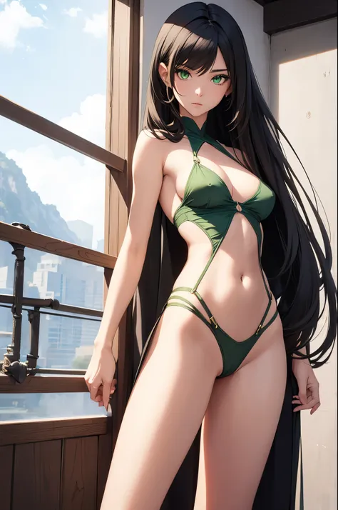 a sexy woman, (best quality), (masterpiece), (1girl), slim, anime, tall, (front view ), (green eyes), (flat chested), (see through), (pubic hair)
