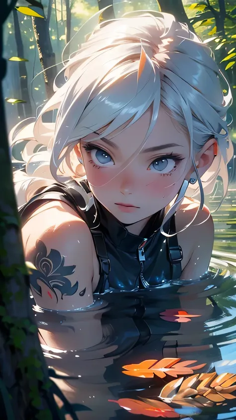 (best quality,4k,8k,highres,masterpiece:1.2),ultra-detailed,(realistic,photorealistic,photo-realistic:1.37),beautiful woman,barley dressed,wispy black tattoos,entire body,expansive forest,drowning in shadow,anime style,forest background,vivid colors,sharp ...