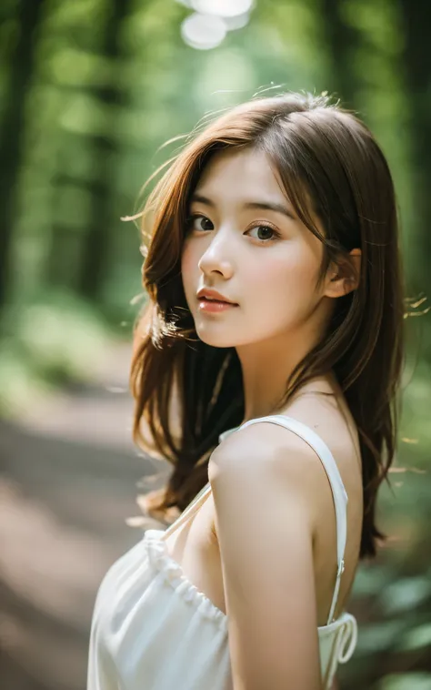 masterpiece, Best Quality, 8K, 1 girl, Japanese cute  girl, in summer, forest, stream, out of focus, 18 yo, large breasts, Mouth slightly open, cute little, Solo, sad, summer dress, Girly, Delicate girl, Neat and clean beauty, Raw photo, Professional Photo...