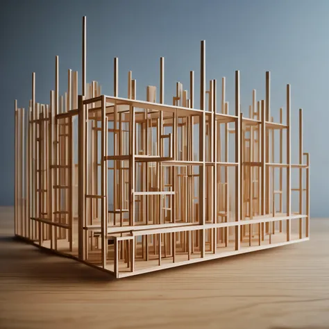 Architectural model made of balsa wood rods using the principles of point and line architecture, representing the feeling of hope, libertad y paz