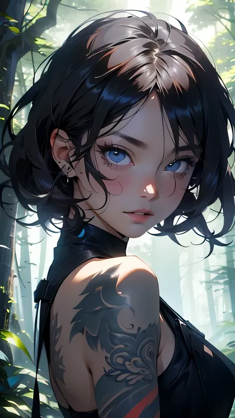 (best quality,4k,highres,masterpiece:1.2),ultra-detailed,realistic,beautiful woman,2girls,detailed eyes,long eyelashes,beautiful lips,anime style,lush forest background,shadowy atmosphere,tattoos:black wispy tattoos,entire body,snaking tattoos,expansive fo...