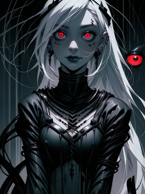 Beautiful young white-haired girl with piercing red eyes, half smile with full lips, black nails, barbed wires everywhere(coiled black barbed wires)