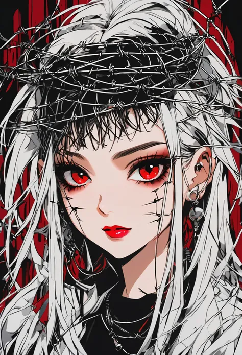 Beautiful young white-haired girl with piercing red eyes, half smile with full lips, black nails, barbed wires everywhere(coiled black barbed wires)