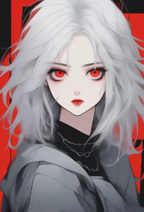 Beautiful young white-haired girl with piercing red eyes, half smile with full lips, black nails, barbed wires everywhere(coiled black barbed wires)