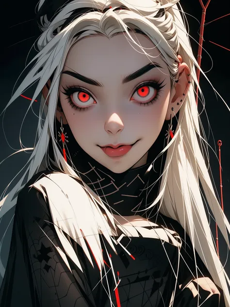 beautiful young white-haired girl with piercing red eyes, half smile with full lips, black nails, barbed wires everywhere(coiled...