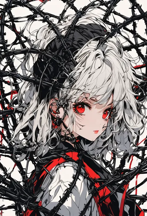 Beautiful young white-haired girl with piercing red eyes, half smile with full lips, black nails, barbed wires everywhere(coiled black barbed wires)