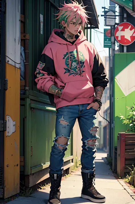 ((Best quality)), ((masterpiece)), top quality), standing alone, Pink and green hair, male, hoodie, ripped jeans, tattoos, boots, bracelets, Rockstar 