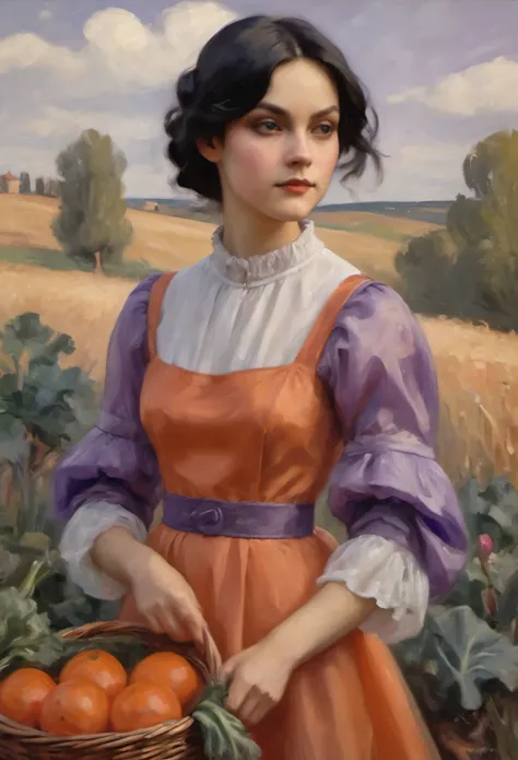 a young girl with a half-side with her head tilted back, with black hair styled, large expressive eyes, in a carrot satin dress with tulle triple sleeves [a head of purple cabbage], (Zinaida Serebryakova style) aesthetically, a mysterious smile, looks at t...