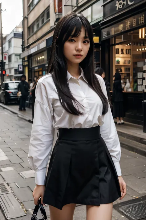 Japanese Girl,sexy,long black hair, fringe, shirt, skirt, London