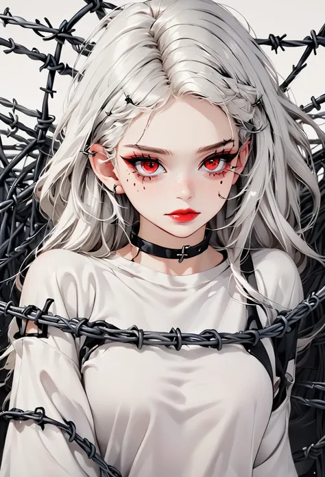 beautiful young white-haired girl with piercing red eyes, half smile with full lips, black nails, barbed wires everywhere(coiled...