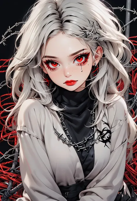 beautiful young white-haired girl with piercing red eyes, half smile with full lips, black nails, barbed wires everywhere(coiled...