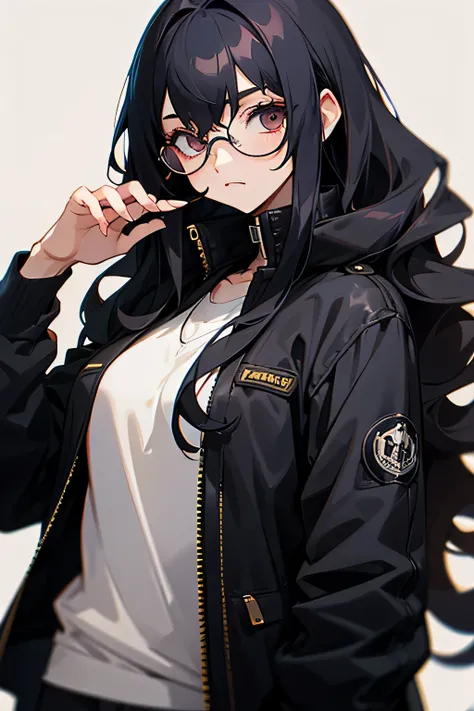 goth, muscle, young girl, long wavy black hair, using a jacket, using a glasses