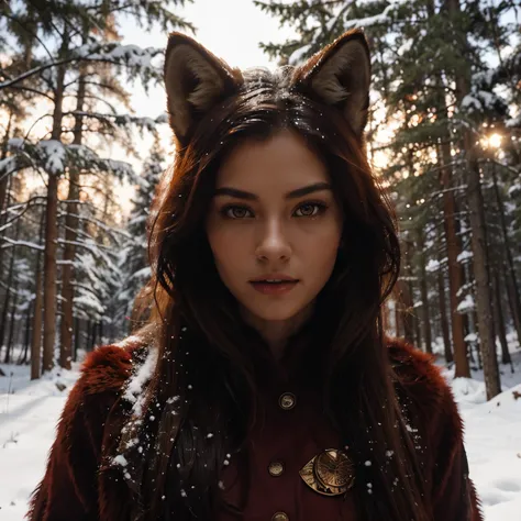 A wolf with vibrant red fur, intense amber eyes, and sharp teeth standing majestically in a snowy forest. The wolfs fur is incredibly detailed, with realistic textures and a glossy finish. The forest is filled with tall, snow-covered pine trees, creating a...