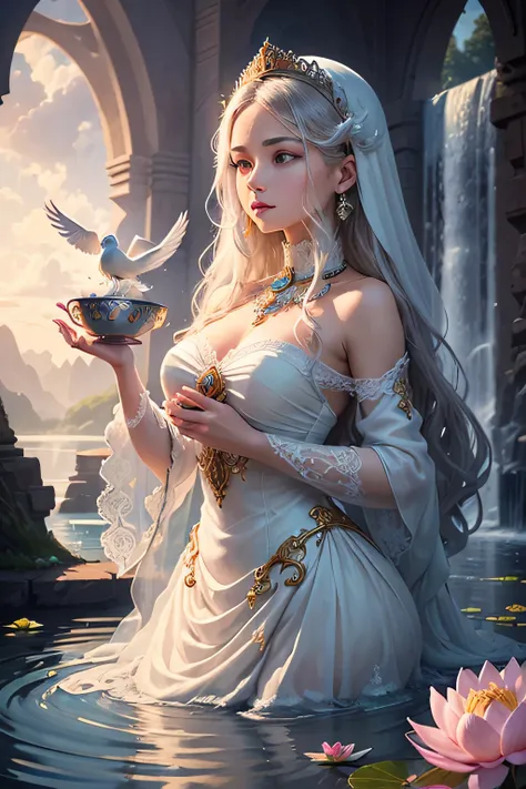 In a realm where all time exists simultaneously, there is a concept of eternal perfection. This idea suggests that all creations, whether past, present or future, are perfect and eternal. This enchanting image, depicted in a painting, a cup overflowing wit...