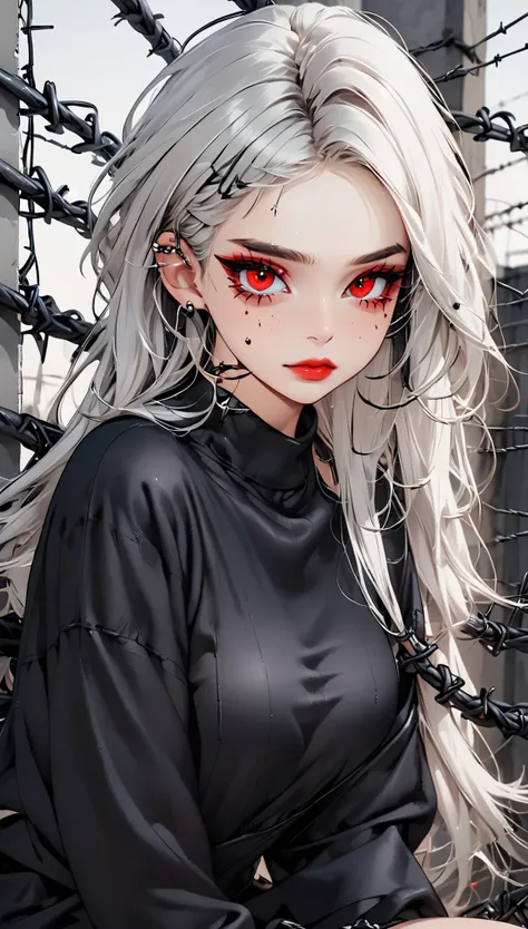 beautiful young white-haired girl with piercing red eyes, half smile with full lips, black nails, barbed wires everywhere(coiled...