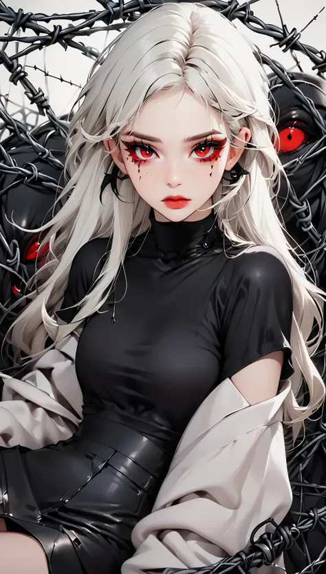 beautiful young white-haired girl with piercing red eyes, half smile with full lips, black nails, barbed wires everywhere(coiled...