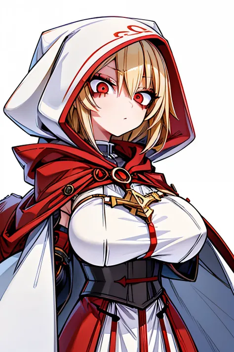 (girl:1.2), (blonde red eyes), (solo:1.2), (pixiv masterpiece:1.2), (cloak hooded:1.2), (large breasts:1.2), (white background:1.5)