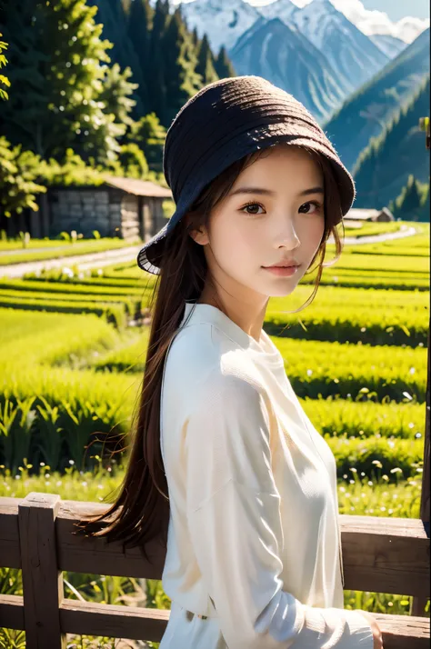 (absurdres, highres, ultra detailed, beautiful, masterpiece, best quality, )1 girl , half body shot, BREAK Terraced rice fields, rural villages, green landscapes, traditional farming, mountainous backdrops, peaceful atmosphere, BREAK Comfortable clothing, ...