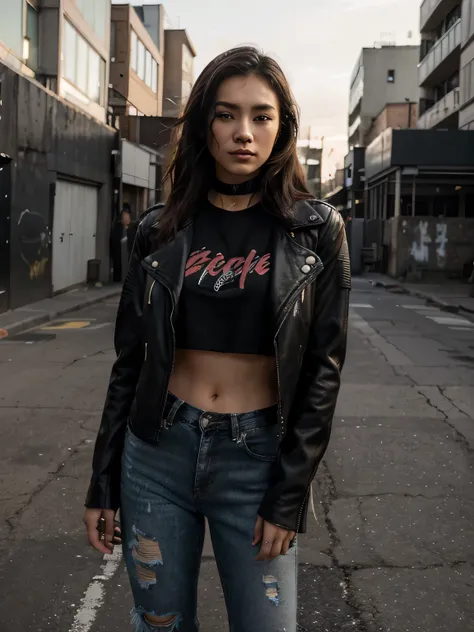 The image depicts a young Japanese girl standing confidently against an urban backdrop. She is wearing a striking ensemble that exudes a bold and edgy vibe.

At the center of the image is the girl herself, her posture conveying a sense of self-assurance an...