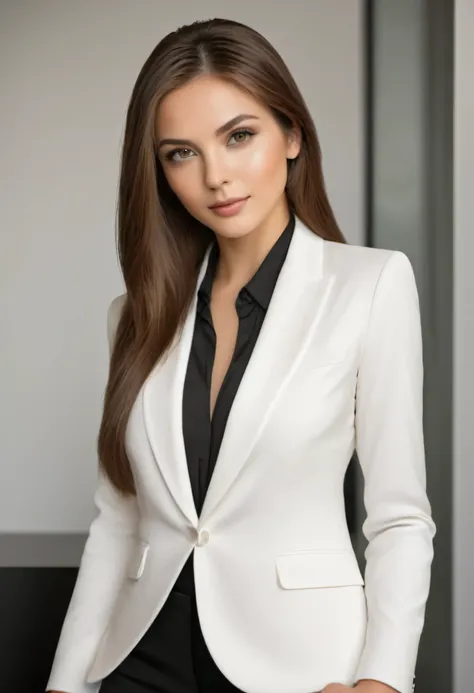 ((work of art)), ((best quality)) a very beautiful woman, fine features, realistic long straight hair, elegant clothes,white bac...