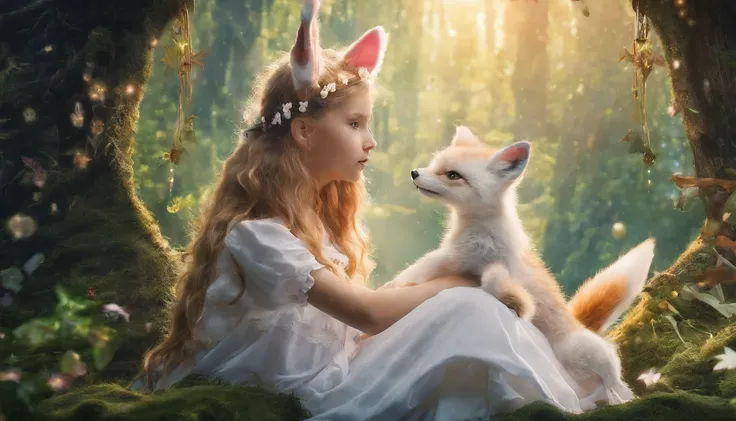 Professional, high-quality photos, 4K resolution, Captures in realistic detail an attractive girl wearing fluffy white pajamas with ears and foxtails.. She is sitting in the middle of an enchanted forest, Where every element is perfectly expressed. The tex...