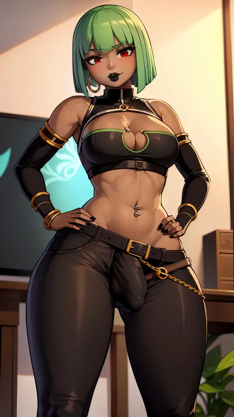 (solo:1.1),(masterpiece), (best quality:1.3), highly detailed, intricate, professional art, digital art, absurdres, confidant, emerald sustrai, futanari emerald sustrai wearing a green crop-top cleavage cutout detached sleeves and pants confidently posing ...