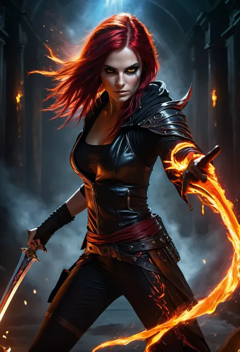 photorealistic, masterpiece, Rogue modern warrior girl, red-black coloured hair, shrouded in shadows, holding a flaming dagger in each hand, vibrant glowing abyssal colors, entirely in frame, FULL BODY, radiating electrical energy, shoulder length messy ha...