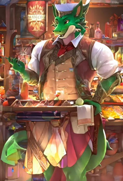 (masterpiece, 4K, ultra detailed, RAW photogr:1.2)illustratio, massive green dragon, tight medieval clothing, massive Chest bulge, welcoming smile, the counter in a shop, full of glowing potions, dynamic angle,