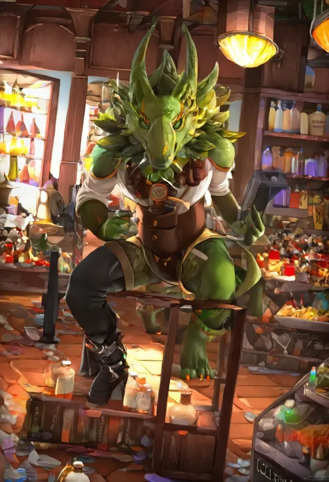 (masterpiece, 4K, ultra detailed, RAW photogr:1.2)illustratio, massive green dragon, tight medieval clothing, massive Chest bulge, welcoming smile, the counter in a shop, full of glowing potions, dynamic angle,