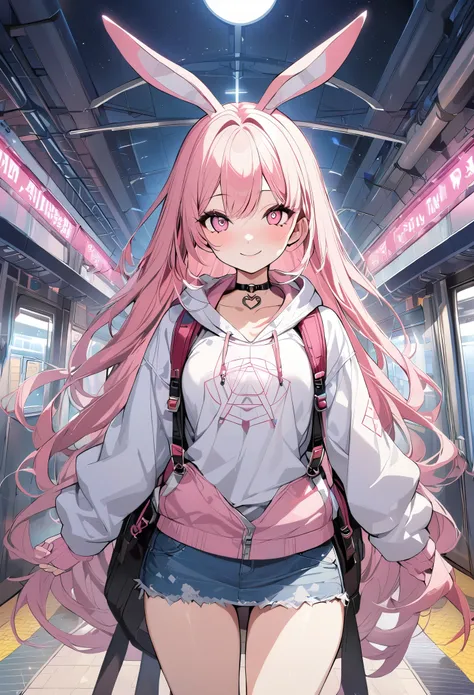 1 girl, pink long hair, heart shaped eyes,Bunny ears, {Pink semi-long hairの女の子、 The name Nami}, (Pink eye color), {night、After work、train、white hooded shirt、denim mini skirt、rucksack}, (smile), station、train , mole under eye, heart shaped choker, (masterpi...