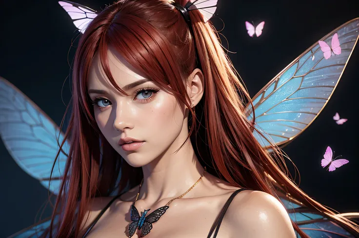 there is a woman with a butterfly wings and red hair, 8k high quality detailed art, 4k highly detailed digital art, beautiful digital artwork, beautiful digital illustration, 3 d anime realistic, photorealistic anime girl render, realistic anime 3 d style,...