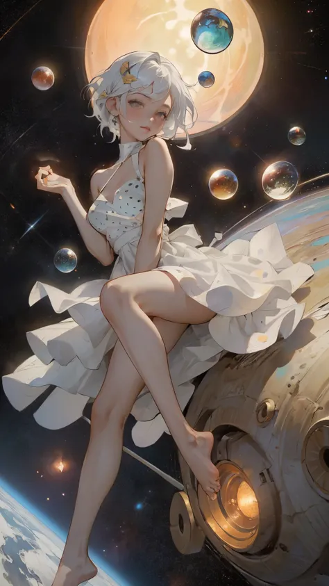 (the masterpiece, Best quality at its best:1.2), (ultra - detailed),(lamp light), wallpaper, original,
1 girl, dirty white hair, thin shoulder strap, White dress, bare feet, Barefoot, Bare arms, space, Earth background, Low Earth Orbit, 
,(Surrounded by co...