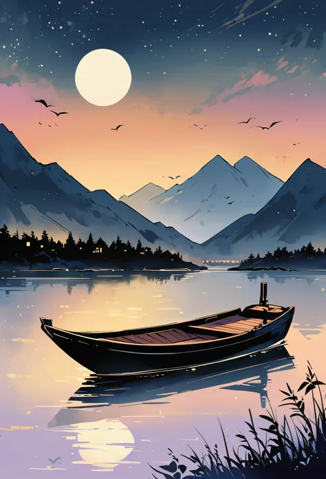 boat on the mountain and river ink painting in the night sky