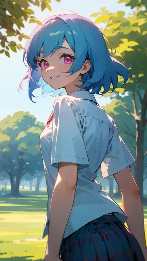 16 year old girl、light blue hair、pink eyes、smile、small breasts、from the back、white blouse shirt、plaid skirt、Under the bright light of the sunlight filtering through the trees、sharp outline、tomboy、boyish