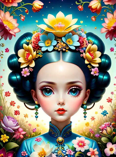 a surreal and creative painting of a woman with flowers in her hair, an ultrafine detailed painting by mark ryden, trending on d...