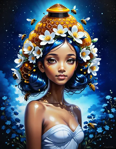 beautiful picture of a girl with vibrant flowers on her head, dark sky-blue and dark navy, dark sky-blue and dark white, realist...