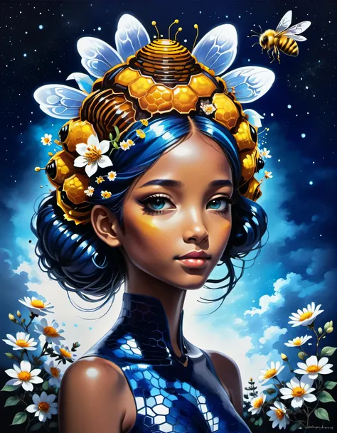 beautiful picture of a girl with vibrant flowers on her head, dark sky-blue and dark navy, dark sky-blue and dark white, realist...