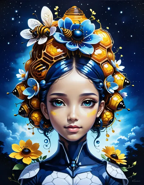 beautiful picture of a girl with vibrant flowers on her head, dark sky-blue and dark navy, dark sky-blue and dark white, realist...